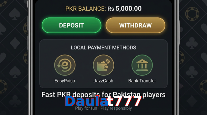 Deposit and withdrawal screen with PKR methods